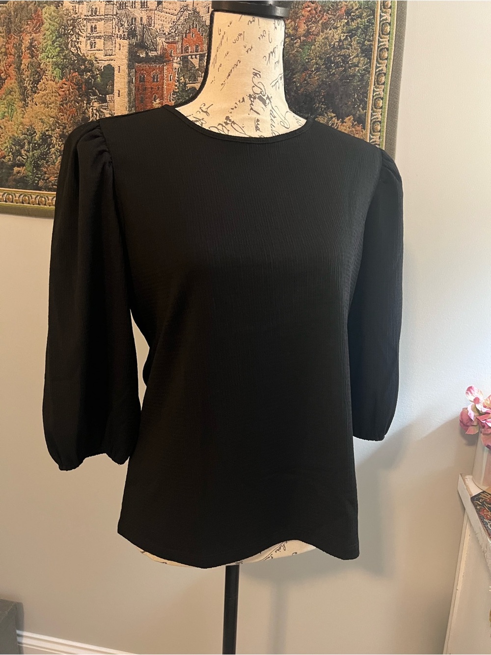 Black Tie-Back Puff Sleeve Blouse